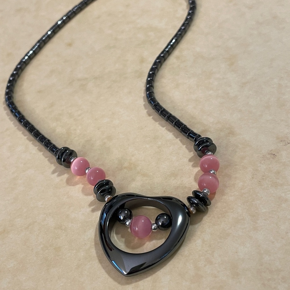 Hematite Open Heart Pendant Necklace with Cat Eyes Bead Accents 18”
